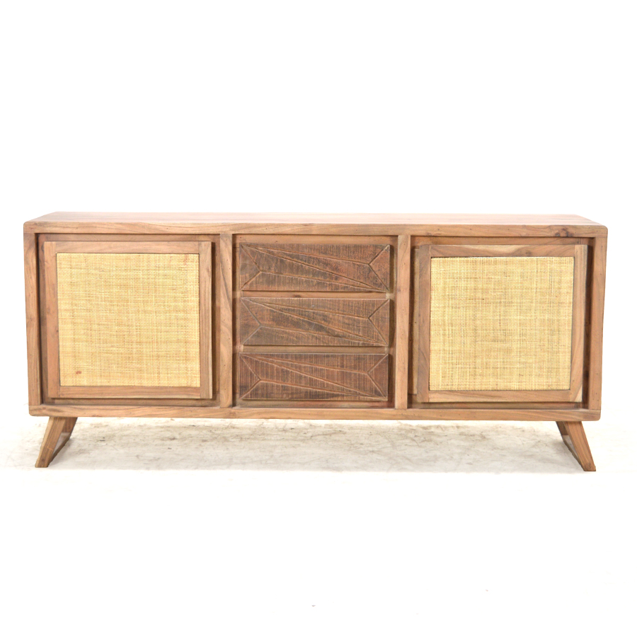 Reminiscent of your grandfather’s classic radio, this media cabinet is a blast from the past. This thoroughly retro TV stand is constructed out of natural wood with rattan-covered doors to add texture and a vintage feel that makes this media stand look more bohemian and unique.